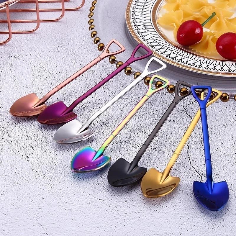 1PCS Creative Shovel Shape Dessert Spoon Stainless Steel Coffee Stirring Spoon Shovel Fork Fruit Fork