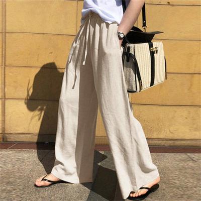 Spring Autumn Women's Wide Leg Pants Plus Size High Waist Solid Color Loose Cotton Linen Pants