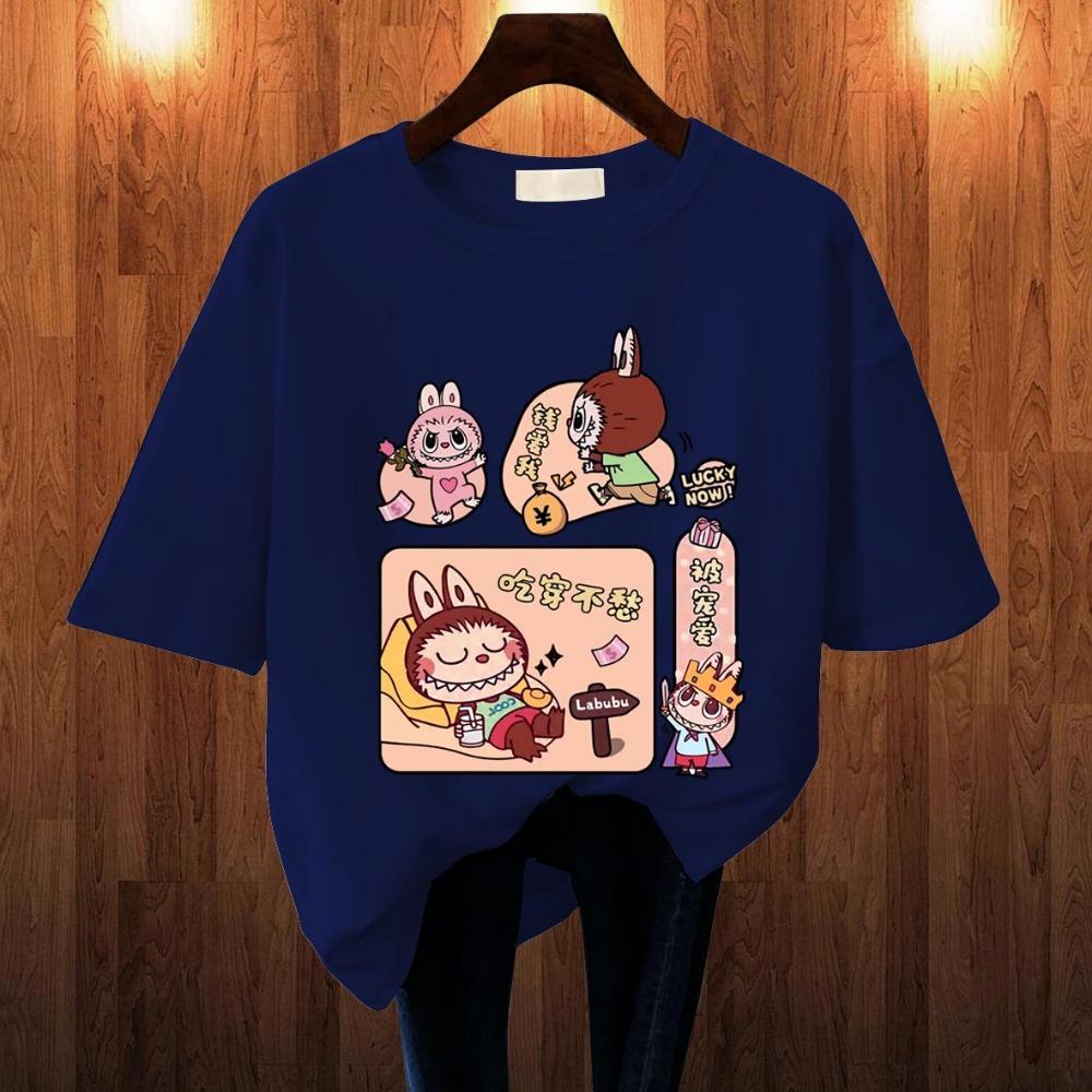 2025 Popular Children's Clothing Short Sleeved LABUBU Rest Holiday Pattern Round Neck T-shirt Cartoon Style Girl's Top