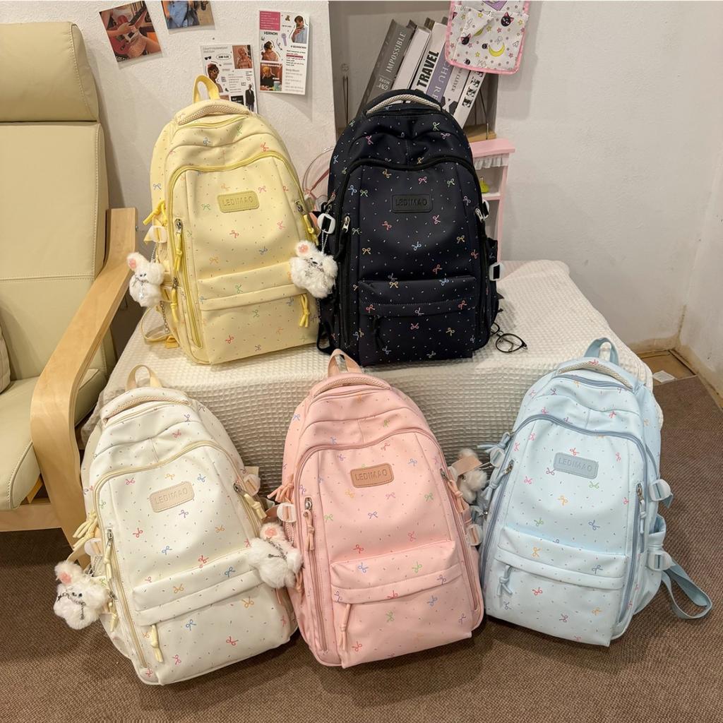 Schoolbag Korean version ins Sweet student schoolbag Color bow schoolbag Solid color polka dot student schoolbag Large capacity schoolbag