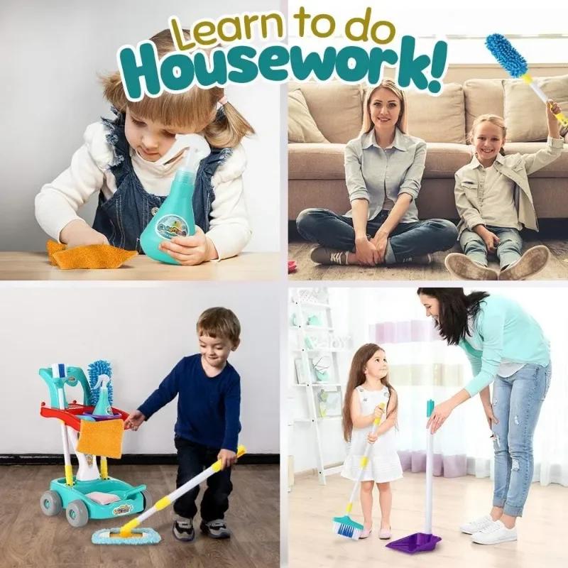 Kids Cleaning Set Toddler Cleaning Toy Set Pretend Play Housekeeping Educational Toy with Cleaning Cart Broom Dust Pan Mop