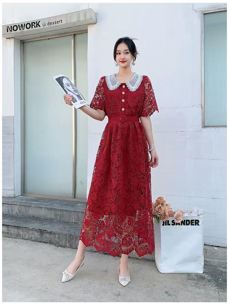 Damen Französisch Süß Farbblock Peter Pan Kragen Slim Fit Midilänge Spitzenkleid