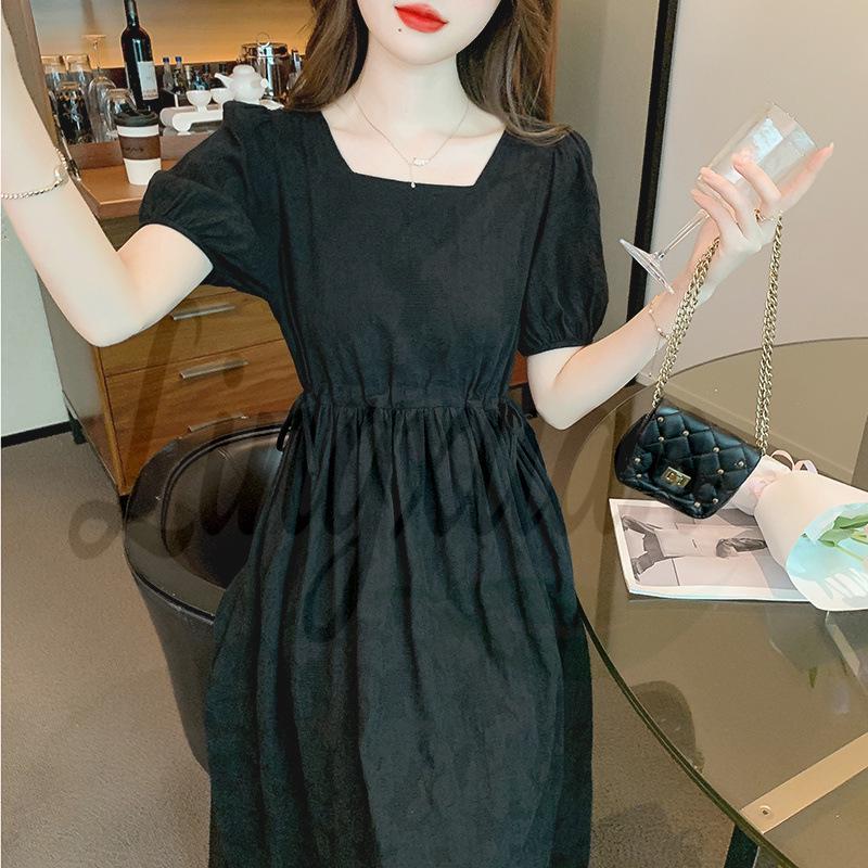 2026 Black Versailles Little Black Dress - Hepburn Style Summer Square Neck with Drawstring M
