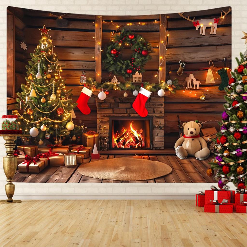 Vintage Christmas Fireplace Tapestry: Holiday Tree Photo Background Hanging Cloth