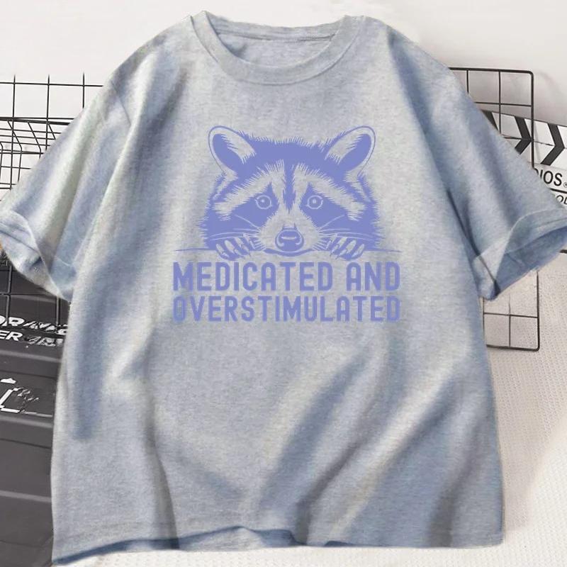 Футболка с енотом  Лекарства и перевозбуждение  Взрослый юмор Футболка для женщин Короткий рукав Летняя Круглый вырез Женская одежда S