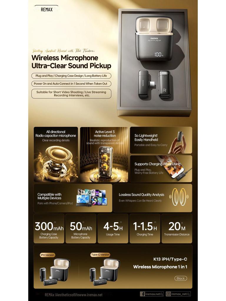 REMAX Dual Wireless HD Radio Microphone with Collar Clip