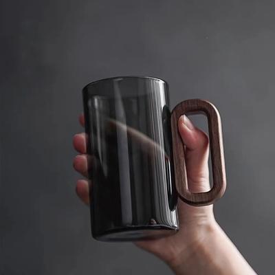 Household Creative Smoke Gray Wooden Handle Glass Mug Single-layer High Borosilicate Heat-resistant Glass Teacups
