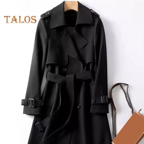 Women Windbreaker Turn-down Collar Loose Pure Color Coat Double-breasted Long Sleeves Belt Decor Overcoat Mid Length with Pockets Windproof Lady