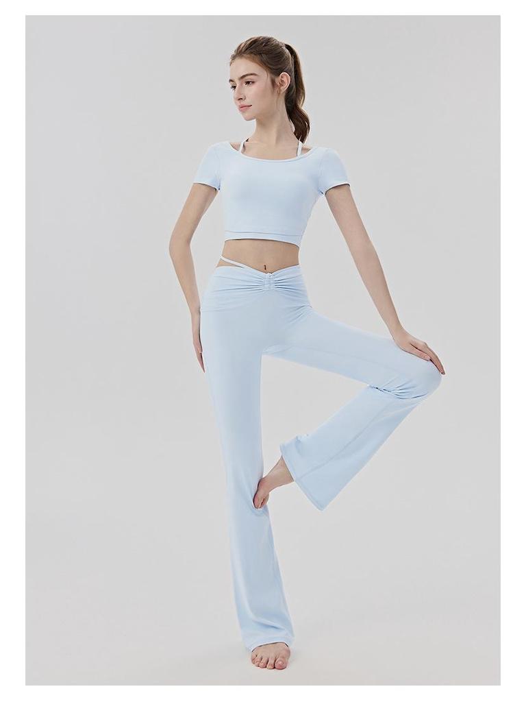 Women's Cooling Yoga Suit: Short Sleeve Top with Built-in Bra & Draping Tie-up Micro Flare Pants Set