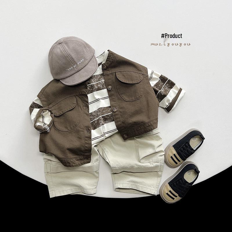 Tricou pentru copii cu dungi retro uzat - Unisex Stil coreean Primăvara 2025