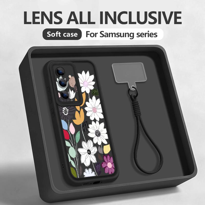 Flowers Patterned Phone Case For Samsung Galaxy S26 S25 S24 Ultra S23 S25 FE A57 A37 A17 A56 A16 A55 A54 A15 Wrist Lanyard Cover