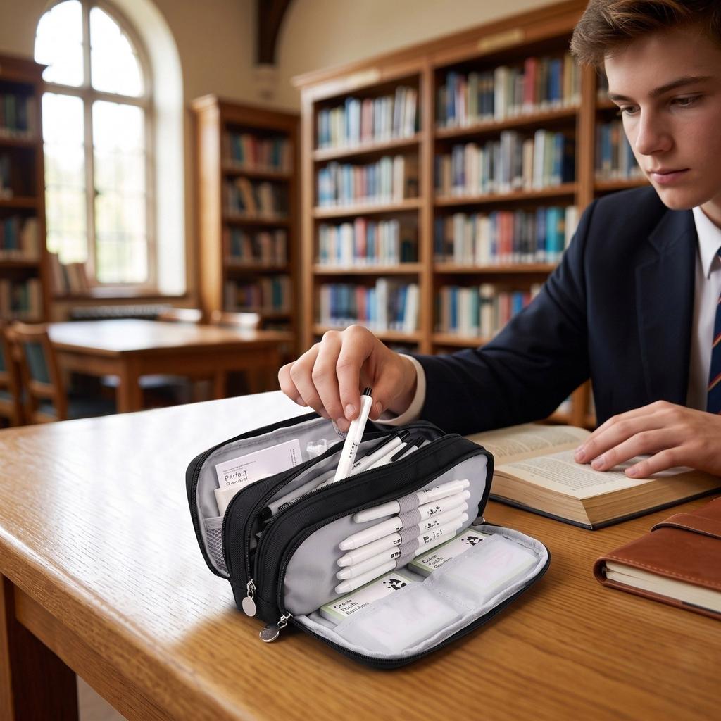 Trousse à Crayons en Tissu Multi-Couches pour Étudiants – Sac à Stylos Grande Capacité avec Plusieurs Compartiments pour l'École
