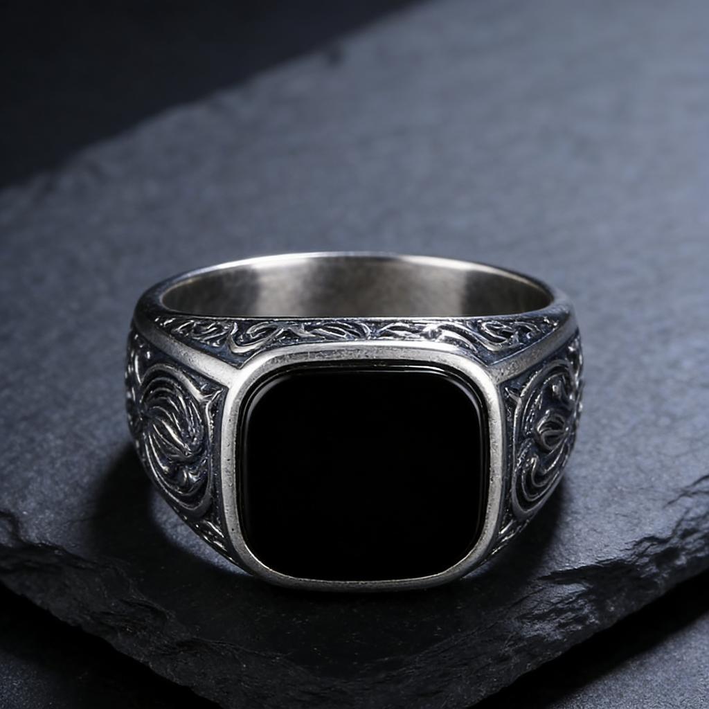 Inele pentru Bărbați cu Onix Negru, Piatră Prețioasă Pătrată 12x14mm Sculptată, Bandă de Cupru Vintage, Bijuterie Boldă cu Stil Gothic Cadou pentru El