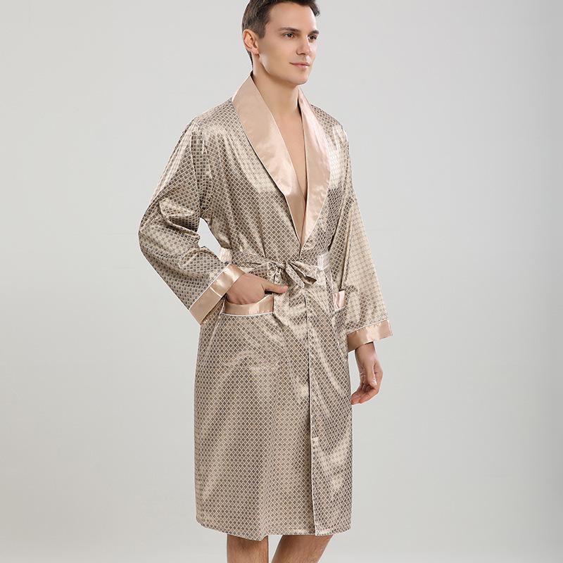 Herren Plus Size Leichter Seiden-Gefühl Langarm Bademantel P801 XL beige