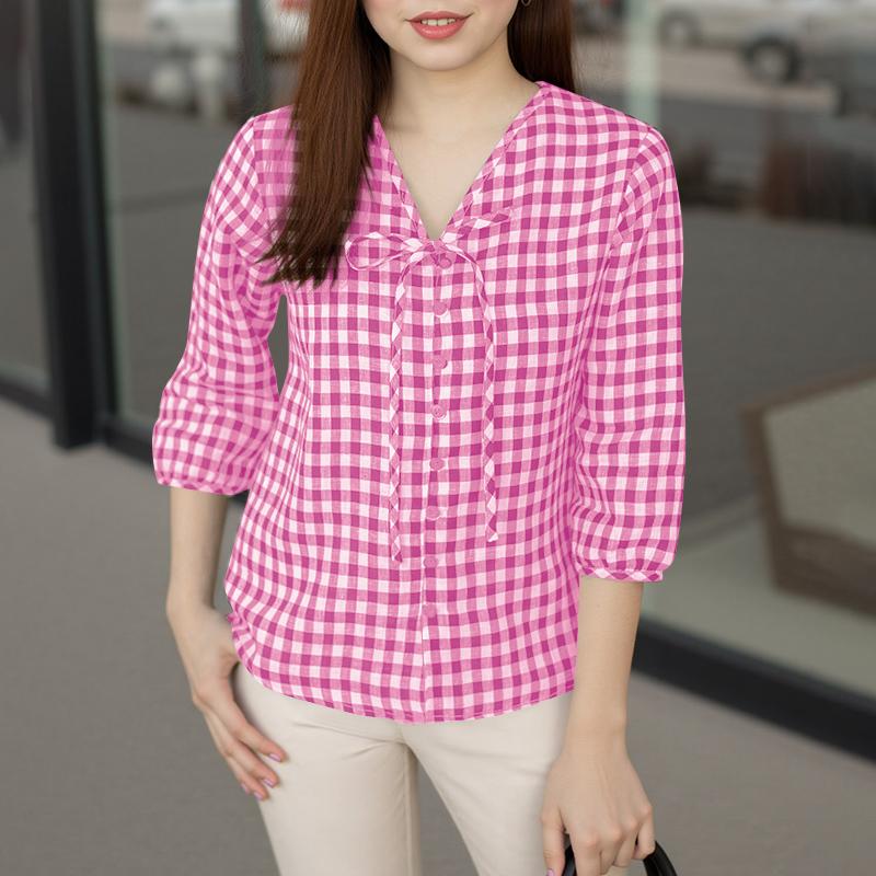 

ZANZEA Womens Casual V-Neck 3/4 Sleeve Loose Plaid Print Blouse XL темно-розовый