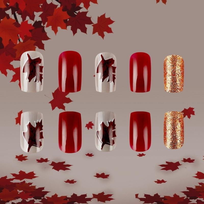 24x/Box Thanksgiving Nails Full Cover Stick on Nails Fall Press On Nails Artificial Nails Short Maple Leaves False Nails