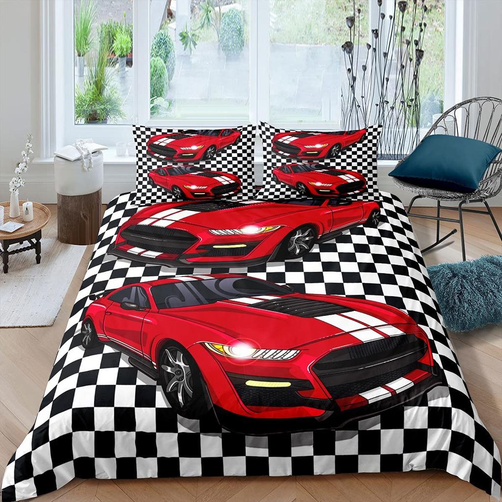 Race Car King Queen Duvet Cover Cool Speed Racing Bedding Set Teens Men Black Sport Car Quilt Cover Polyester Comforter Cover