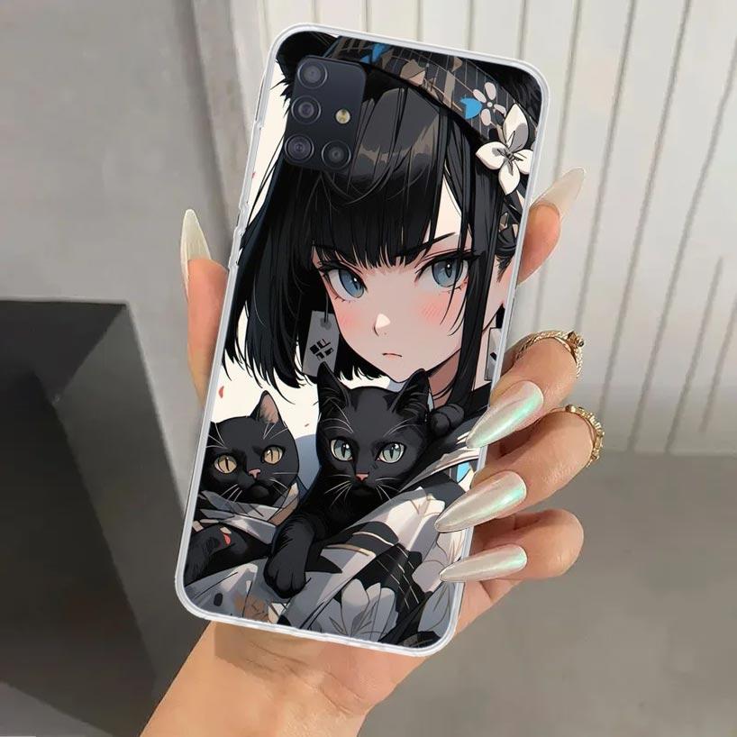 Anime Girls Cute Black Cat Phone Case for Samsung Galaxy A52 A32 A22 A12 A02S A50S A30S A10S Note 20 Ultra 10 Plus S10 A31 A20 A