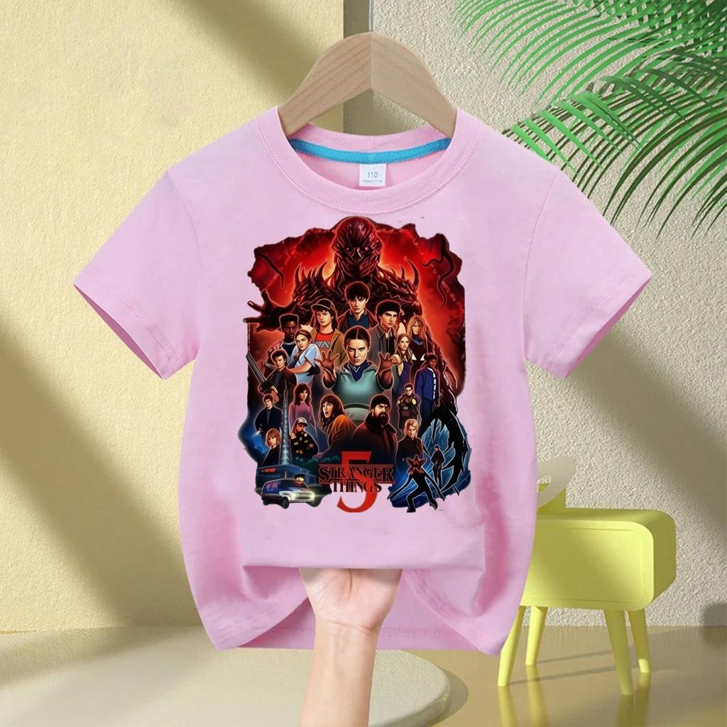 Boys and Girls Demogorgon Hawkins Top Stranger Things Childrens Cartoon Print Pure Cotton Tshirt 2026 Summer Round Neck