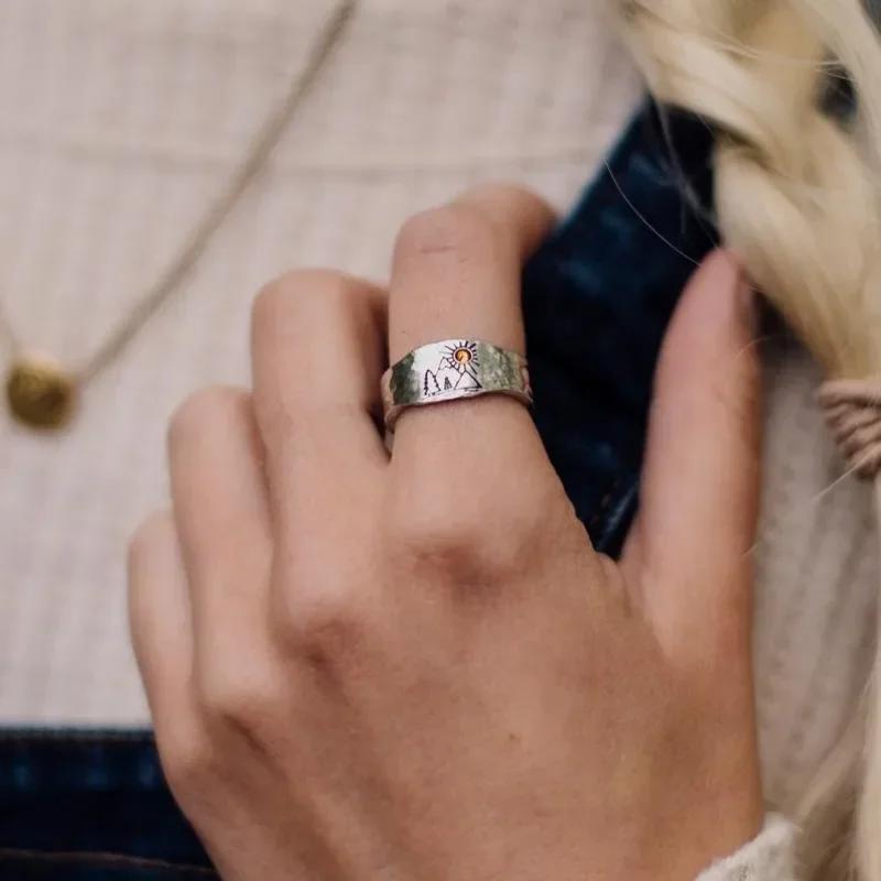 Vintage Ring Forest Mountain Sunset Nature Landscape Carved Ring for Women Men Open Adjustable Jewelry Fashion Ring
