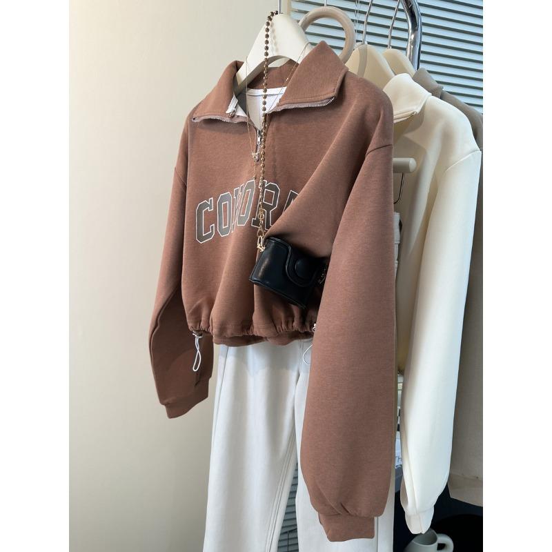 Short waist sweater women's autumn thin loose and thin half-zipper Plo collar printed top