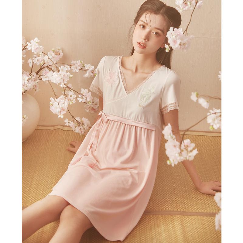 Взрывное Ханфу Ночная рубашка Женская летняя с коротким рукавом Взрывной национальный стиль Античный милая девушка Ночная рубашка M