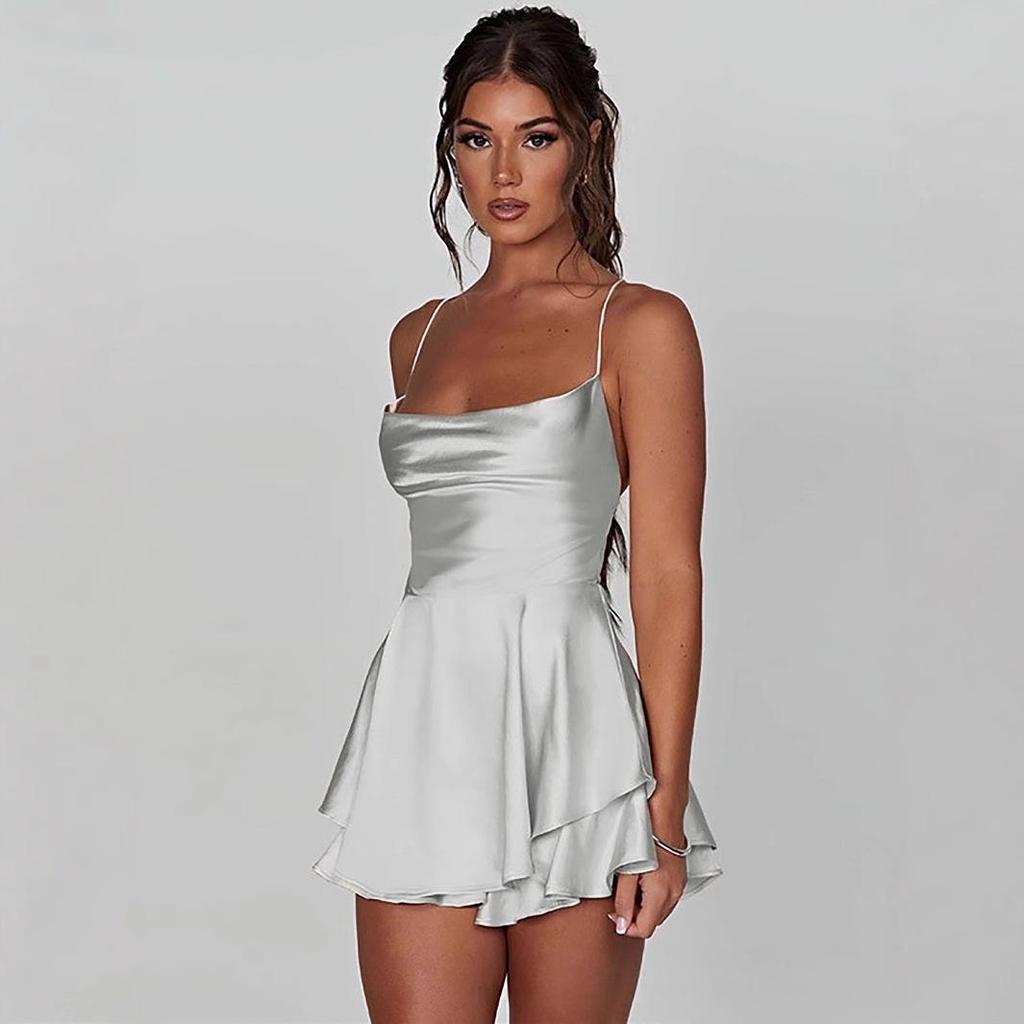 2025 Summer Sexy Pleated Backless Satin Camisole Dress for Women