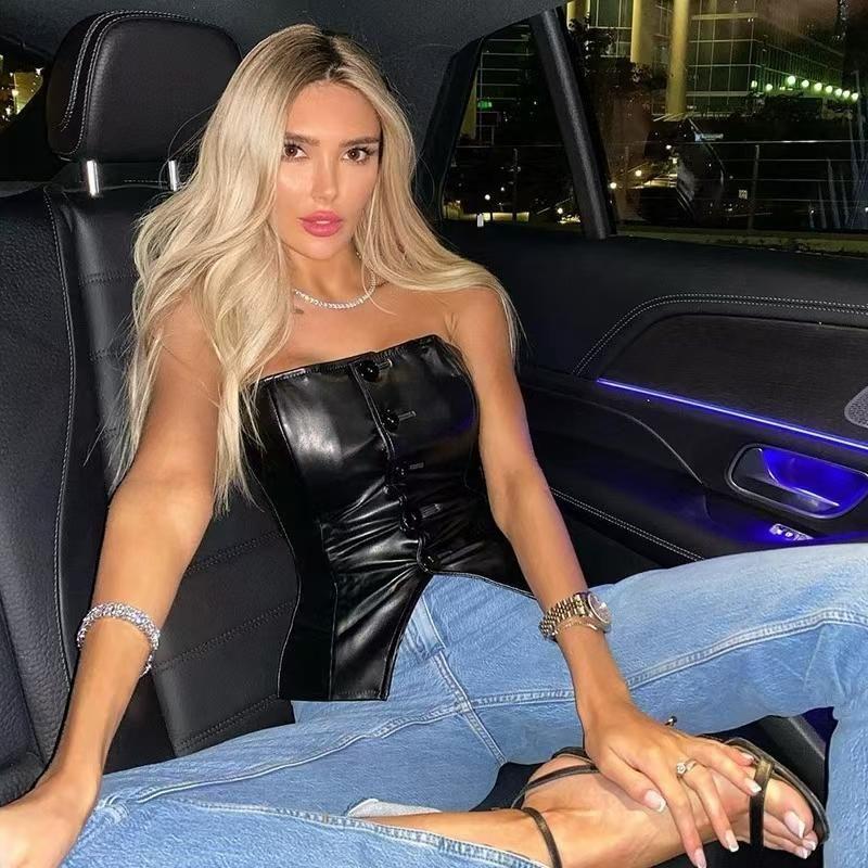 Fashion Style New Sexy PU Leather Tube Top Tops Silm Slim Looking Short Vest Sexy PU Leather Vest