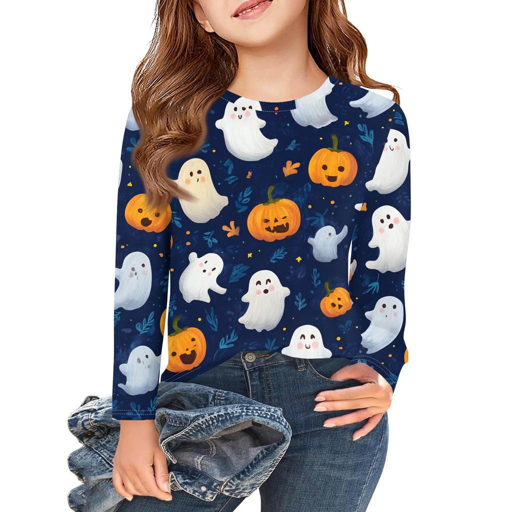 Girls Long Sleeve T Shirts Kids Fall Tops Crewneck Halloween Printed Basic Tees 3-9Y