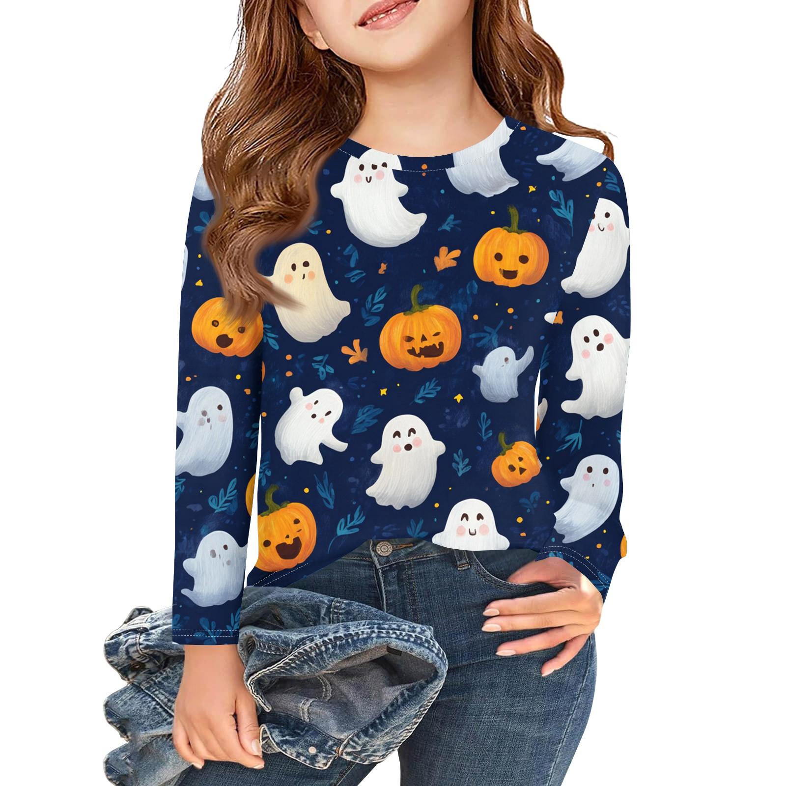 

Футболки с длинным рукавом для девочек, детские осенние топы, круглый вырез, с принтом на Хэллоуин, базовые футболки 3-9 лет 150 оранжевый