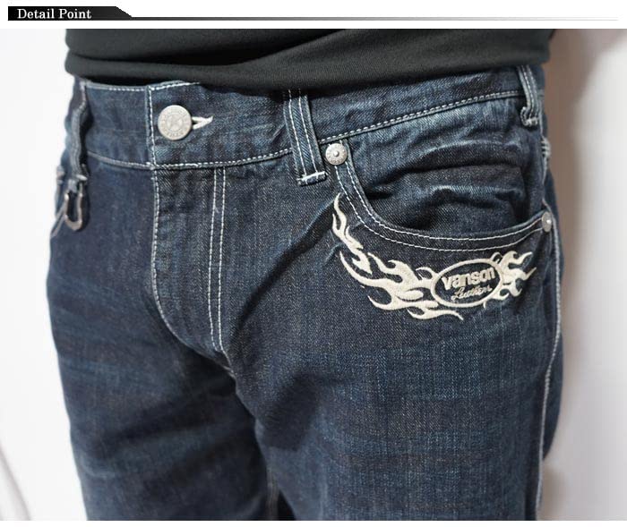 Vanson Star Wing Fire Denim Men's One-Wash Jeans, SP-B-29, Indigo-38