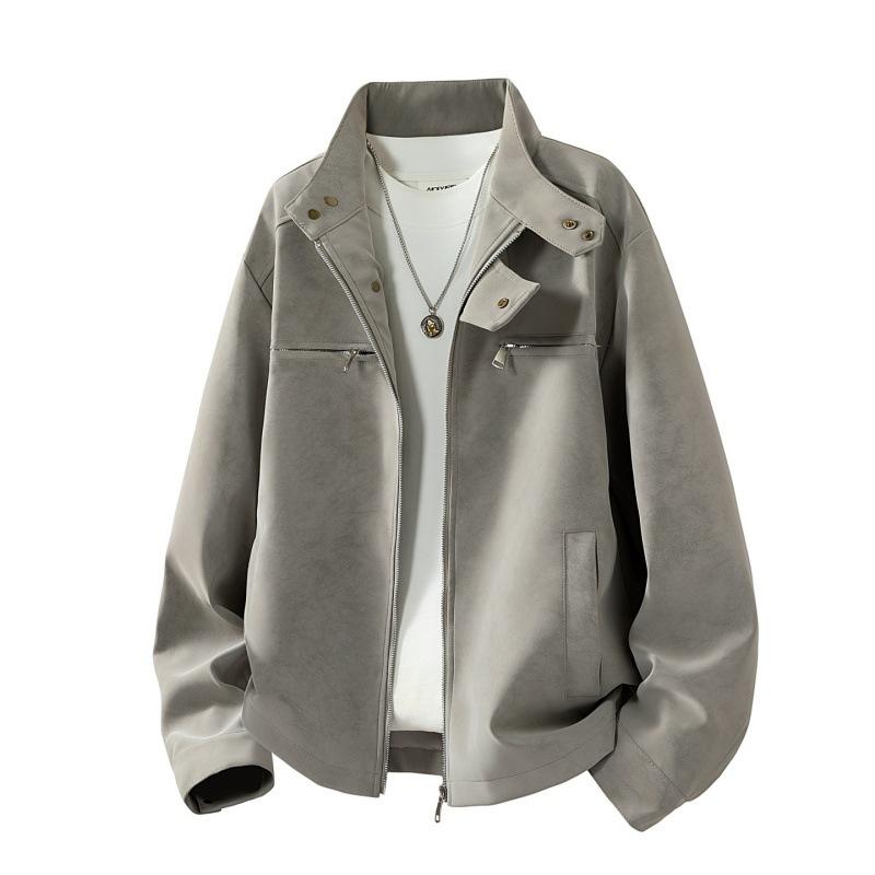 New leather jacket stand-up collar spring and autumn tooling style American retro lapel leather jacket PU leather jacket men