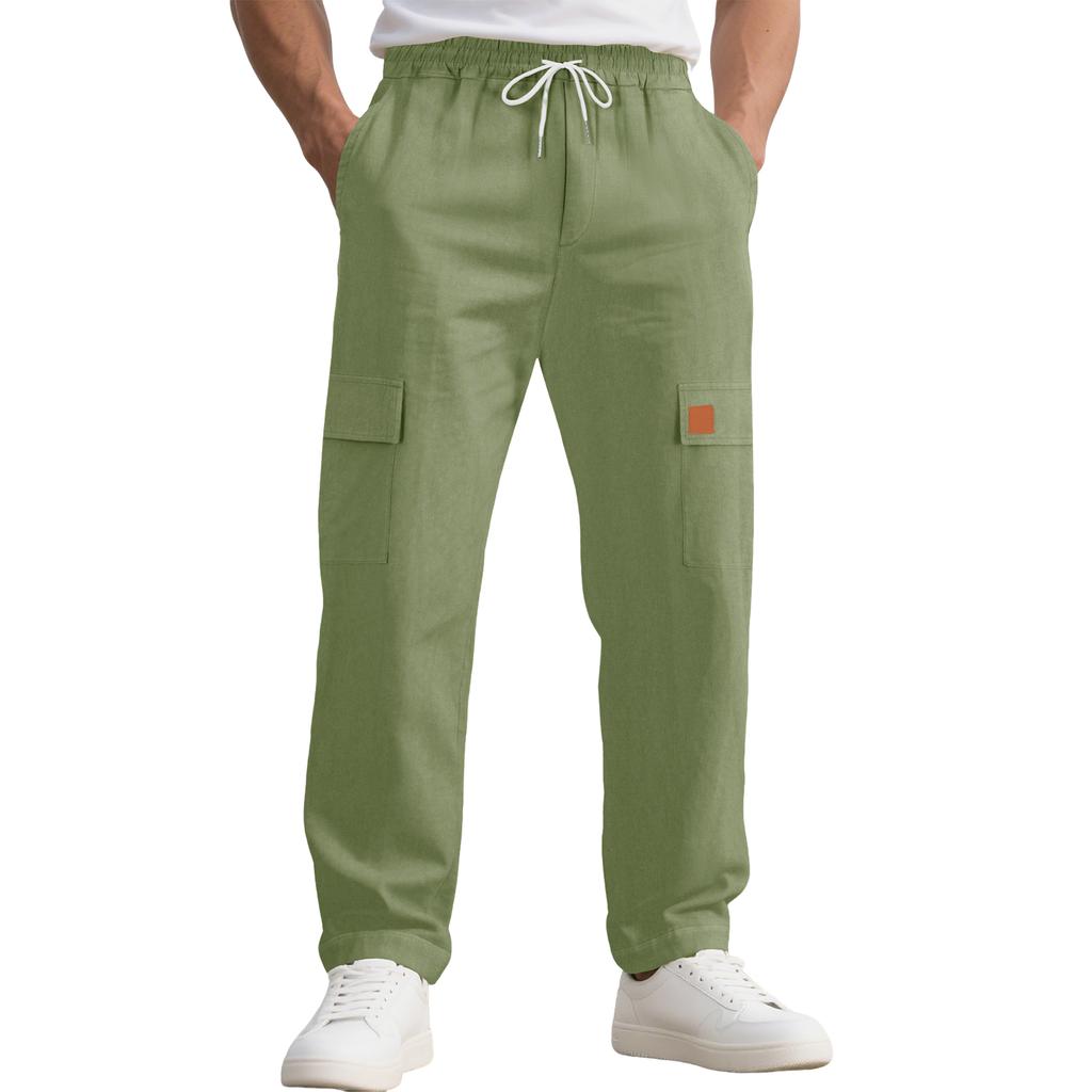 Herren Leinen Cargo Hose Elastischer Kordelzugbund Leichte Sommer Strandhose Einfarbig Lässige Gerade Hose