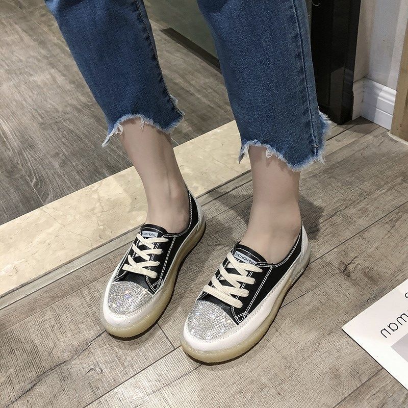 Fashion Casual Women Thick Bottom Sneaker Autumn Designer Mirror Luxury Canvas Rhinestone Women's Shoes Trend 2024 Fashion Running Black