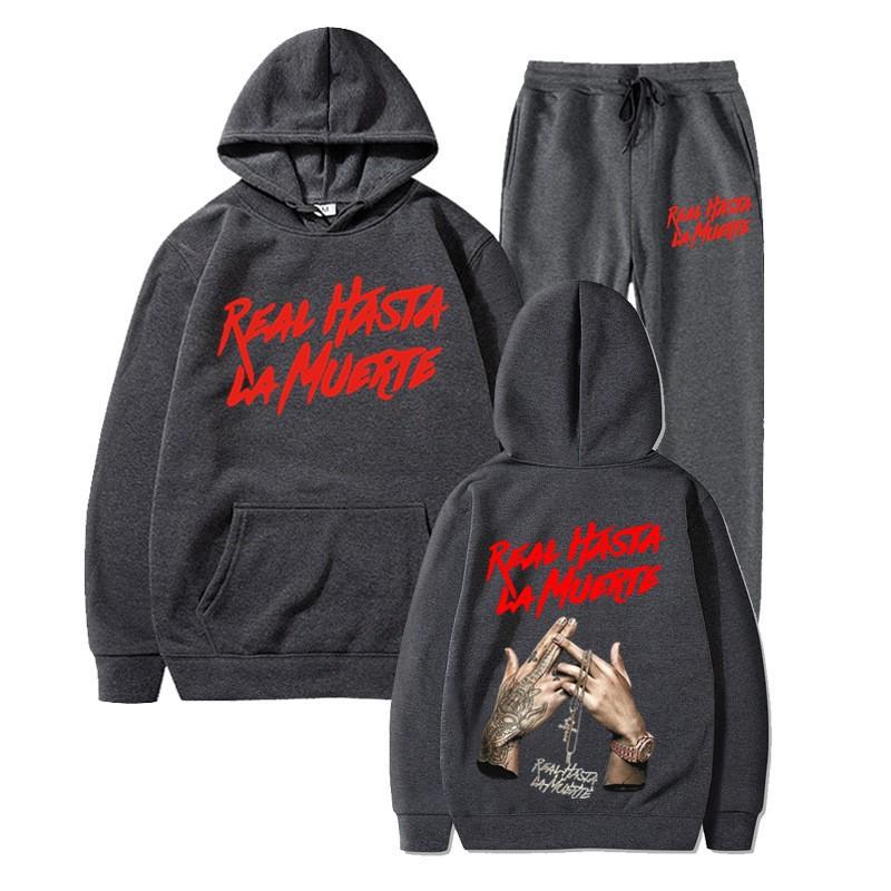 Cross-border new Real Hasta La Muerte letter print men's and women's same sweater hoodie set