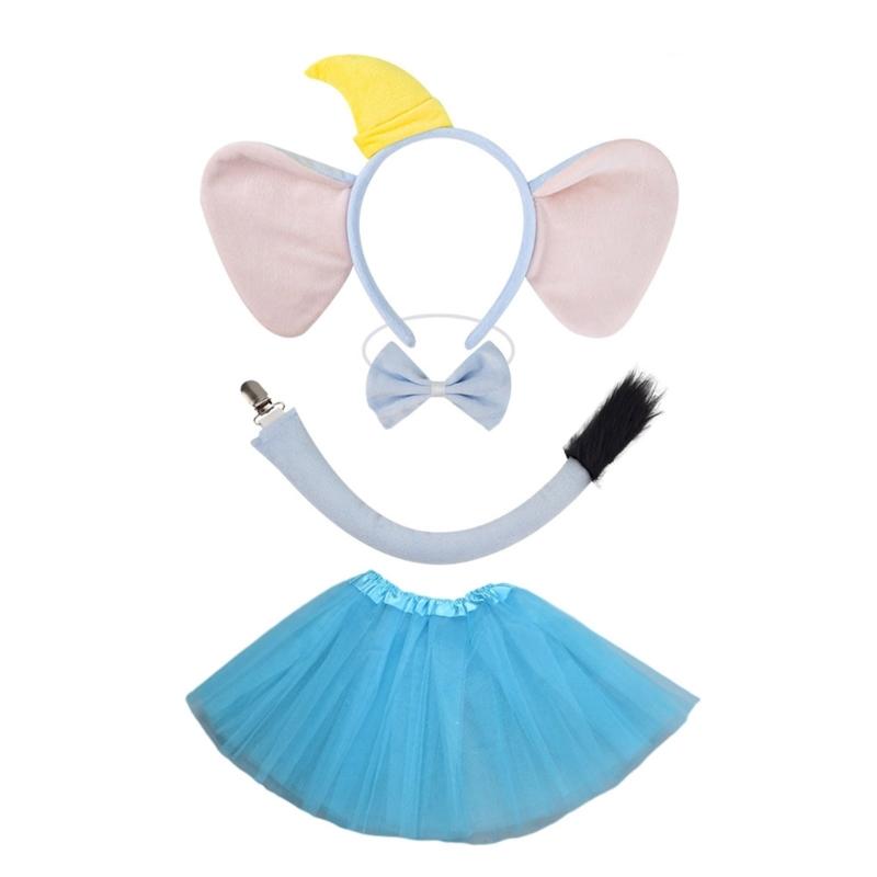 1/3/4 Delar Elefant Kostym Set Elefantöron Hårband Svans Fluga Tutu för Halloween Utklädnad Djur Cosplay Kostym