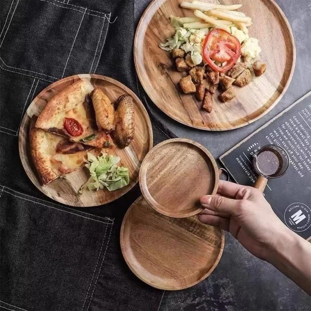 Solid Wood Serving Platter Tray Round Wooden Tea Tray Plate Dinner Plates  For Food Snack Dishs
