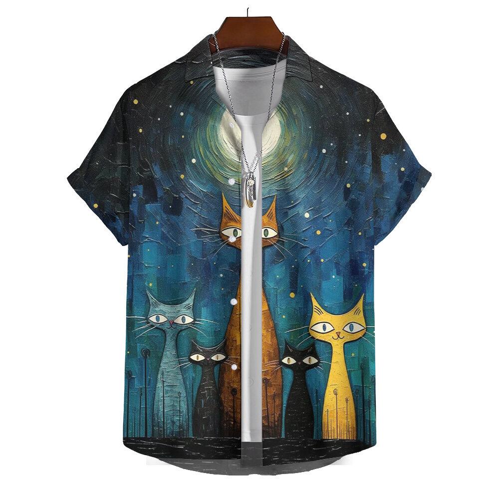 

Летняя мужская рубашка с коротким рукавом с принтом, масляная живопись, звездное небо, мультяшный принт с кошкой, уличные повседневные свободные топы РАЗМЕР S-5XL 3XL