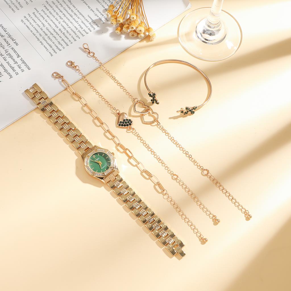 New fashion green dial with diamond studded bars, high-value steel strap watch strap jewelry set of five pieces without a gift b