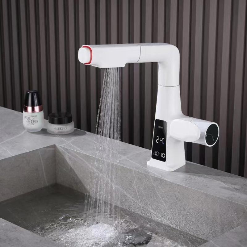 LED Digital Display Lift Pull Out Bathroom Basin Faucet Gray Brass Multifunctional Hair Wash Mouthwash Hot And Cold Mixed Tap