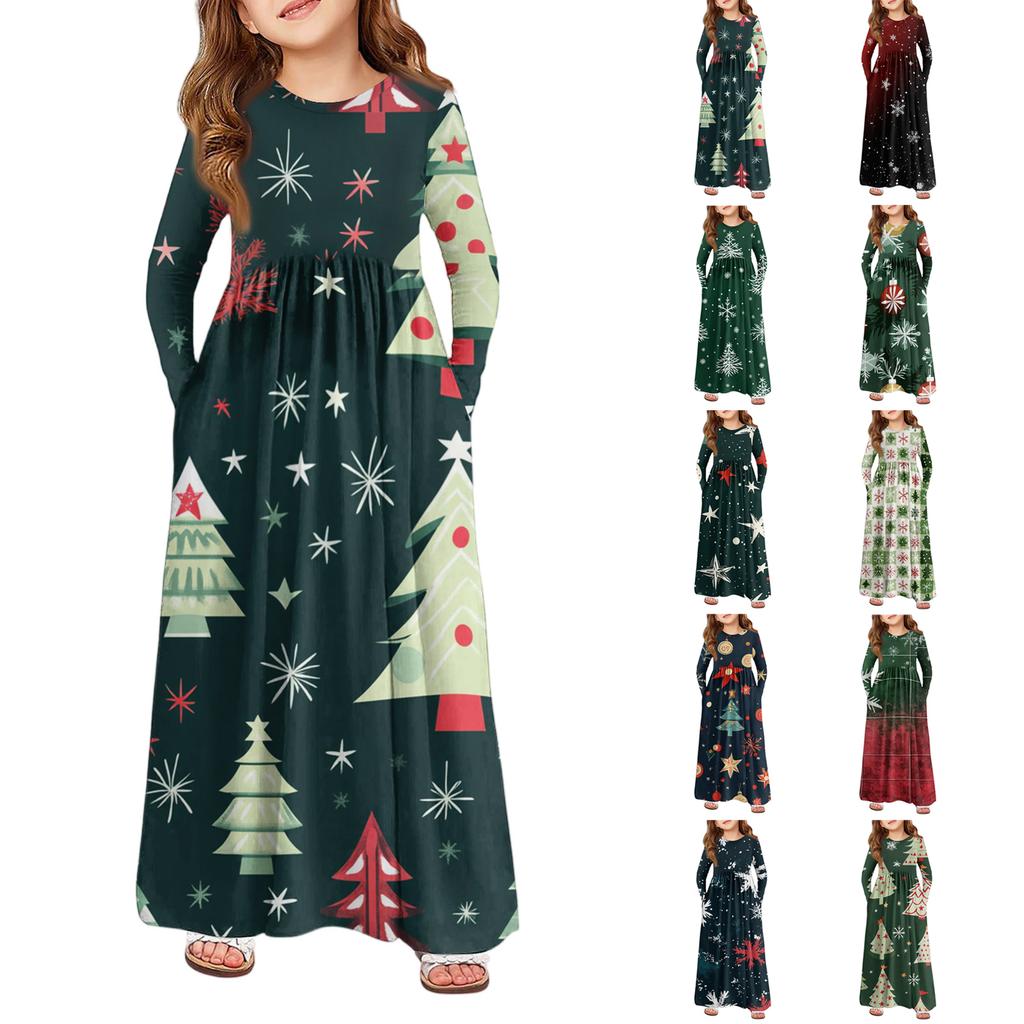 Girls' Maxi Dress - Long Sleeve Pocket Dress Christmas Day
