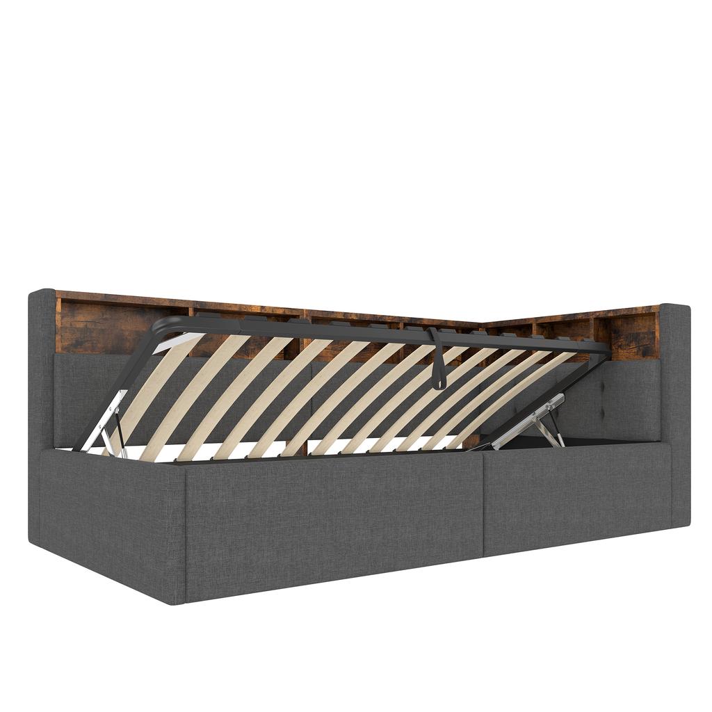 Daybed, Sofa Bed, 90 × 200 Cm, USB + Type-C Ports, Hydraulic Storage, Storage Compartments, Multicolor LED Strip Lighting, No Mattress, Linen, Gray