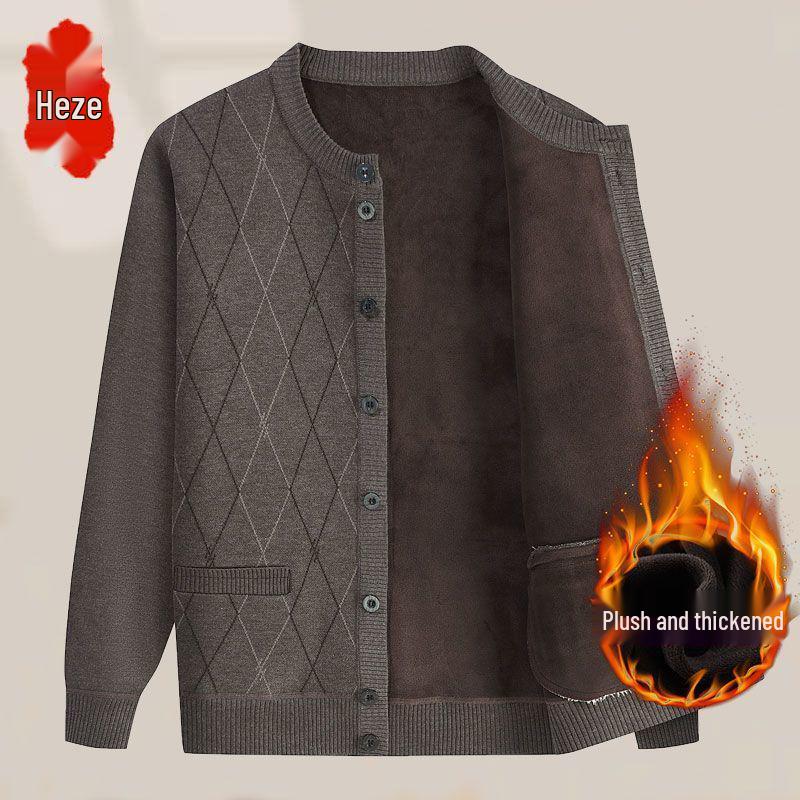Men's Mid-Age & Elderly Knitted Cardigan: Warm, Thick Velvet Sweater Coat for Autumn/Winter