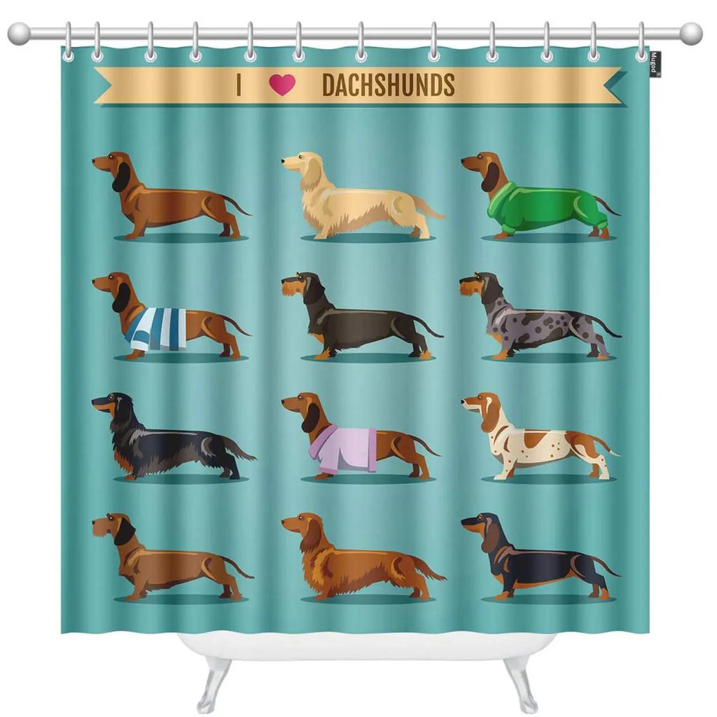Dachshund Cartoon Dog Shower Curtain Polyester Waterproof Curtain Geometric Striped Kids Bath Curtain Home Decor with 12 Hooks