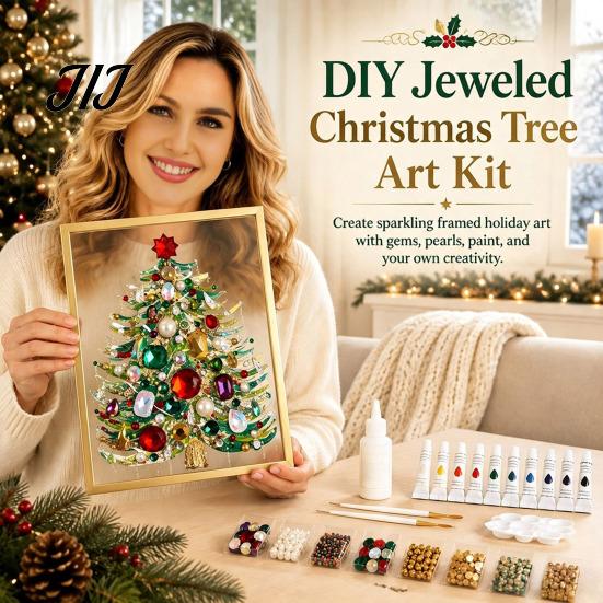 Einzigartiges Weihnachtsgeschenk für Freunde DIY Falscher Kristall Perlenmalerei Weihnachtsbaum-Set, Funkelndes Handgemachtes Wandkunst Bastelset, 3D Edelsteinperlen