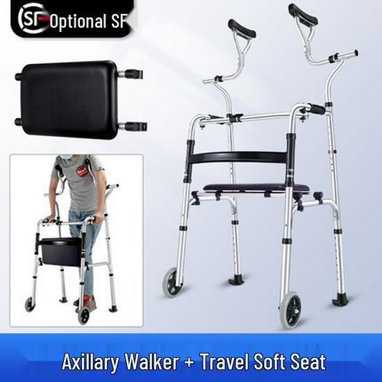 Aluminum Alloy Folding Walker with Wheels, Underarm Crutches, and Seat Cushion for Elderly Rehabilitation.