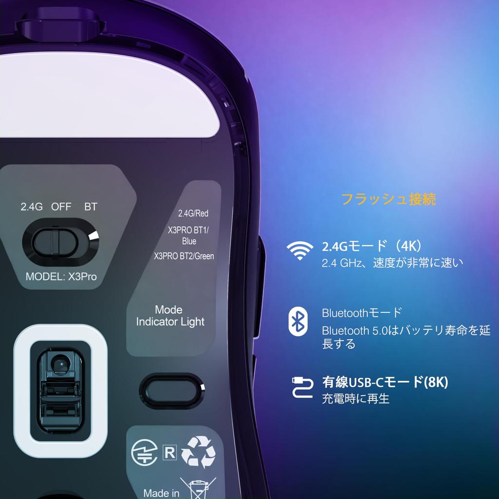 ATTACK SHARK X3pro Wireless Gaming Polling 49 g Ultra PixArt PAW 3395 26000 3 Modes Kailh GM Japanese Instruction Manual Included Mouse, 4K/8K Rate,