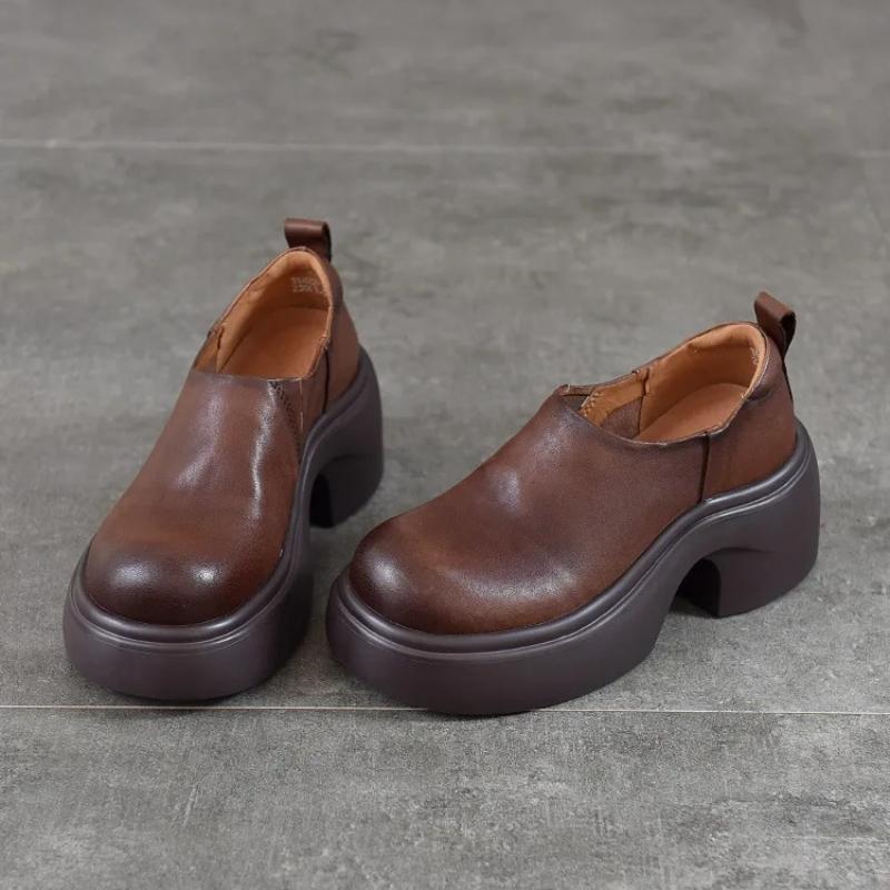 Johnature Lightweight Thick Soled Genuine Leather High-heeled Pumps Versatile Round Toe Women's Platform Shoes