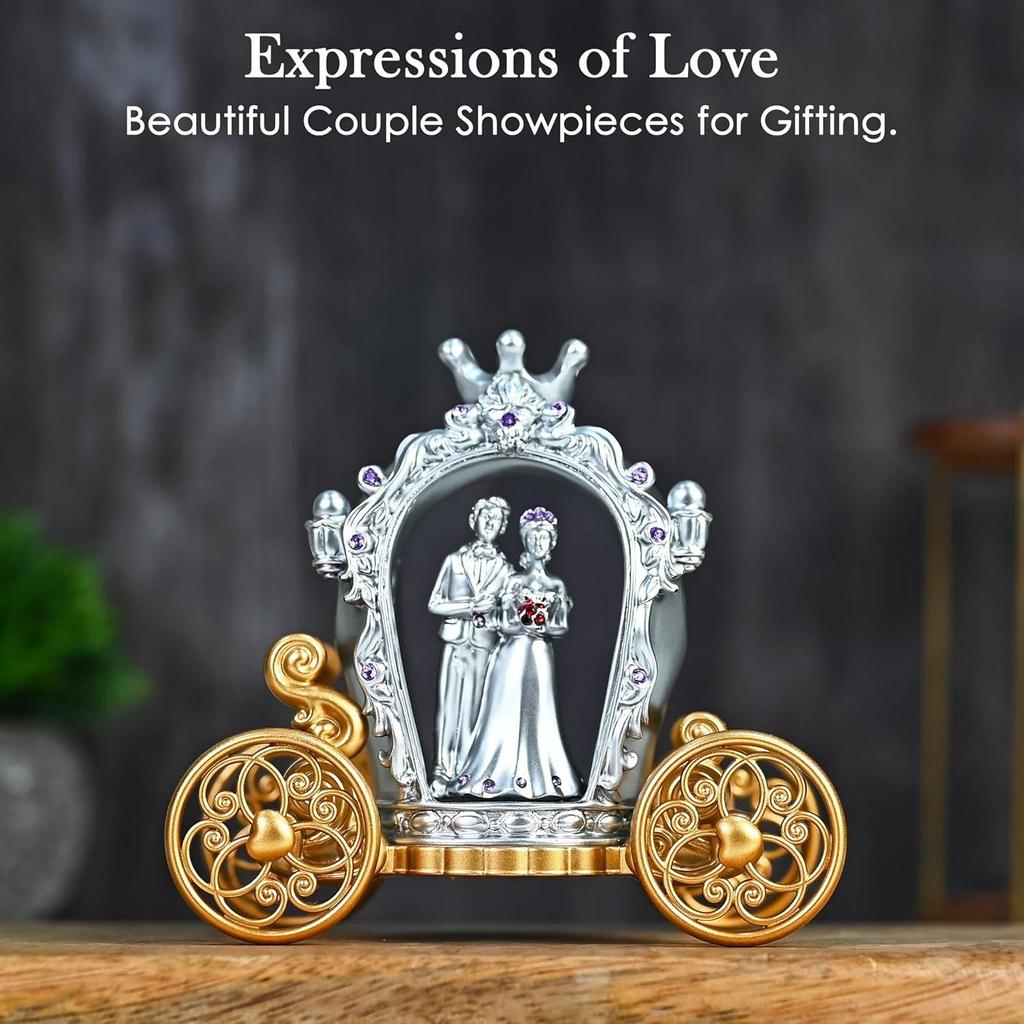 Figurine with Cart – Exquisite Gold & Silver Finish Statue, Perfect for Engagement, Wedding, Adding a Touch of Elegance and Love to Your Home Decor