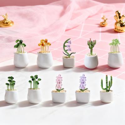 Handmade Glass Potted Plants Ornament Hand-Blown Glass Cactus Bean Sprout Floral Art Figurine Home Office Desktop Decoration